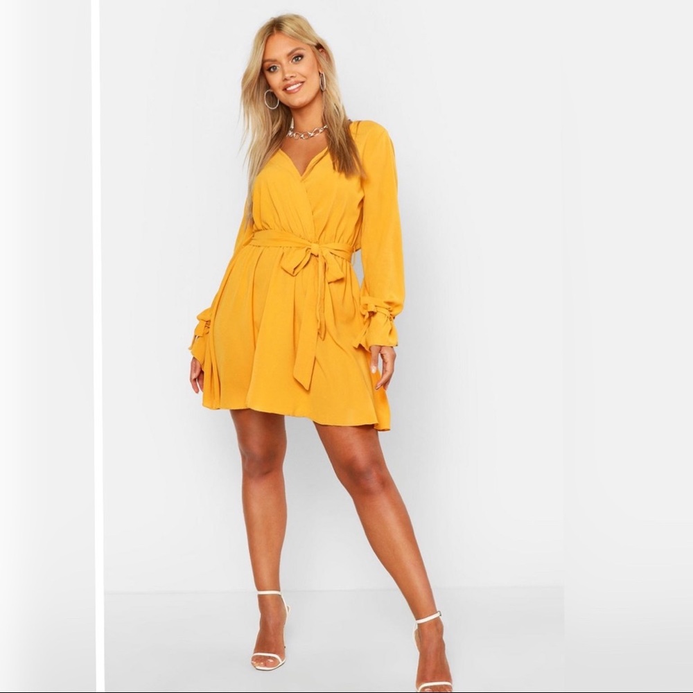 Boohoo Plus Wrap Tie Waist Skater Dress